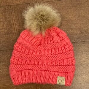 C.C Kids Pink Knit Beanie with Faux Fur Pom